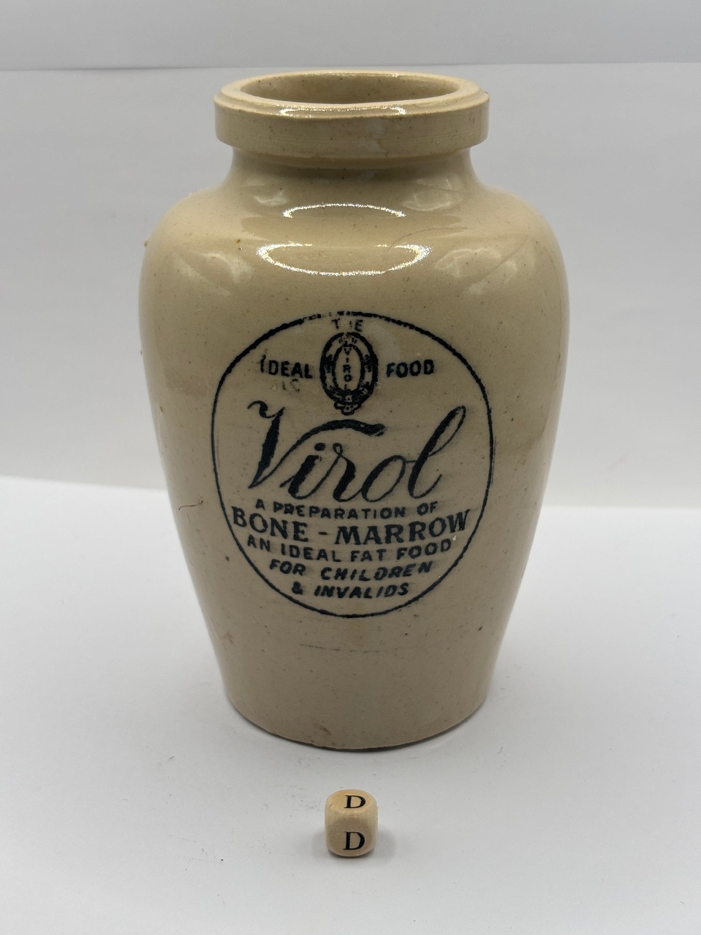 Old stoneware advertising Virol jar 13.5cms (D)