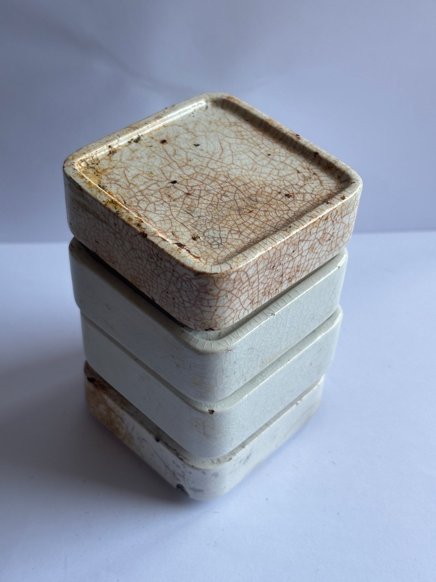 4 old square pot lid bases, stackers, risers