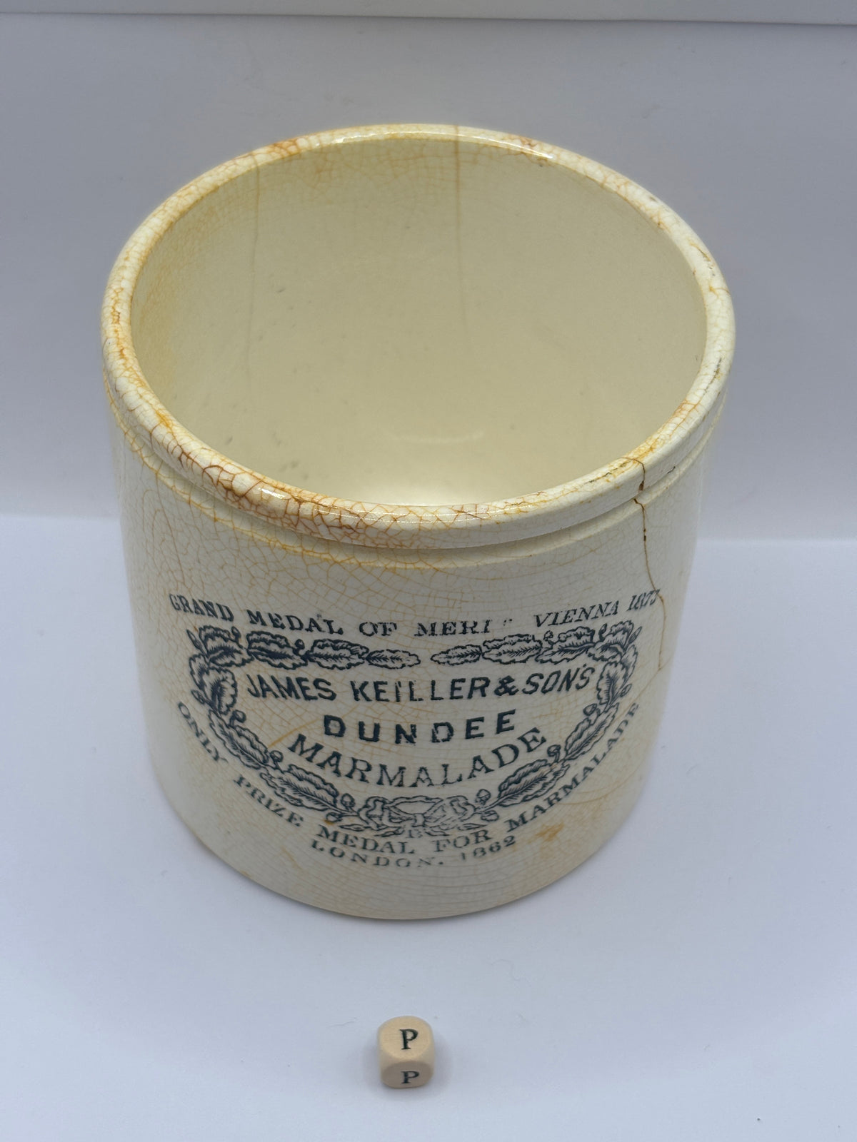 Old 2lb stoneware marmalade pot, James Keiller Dundee marmalade (P) damaged