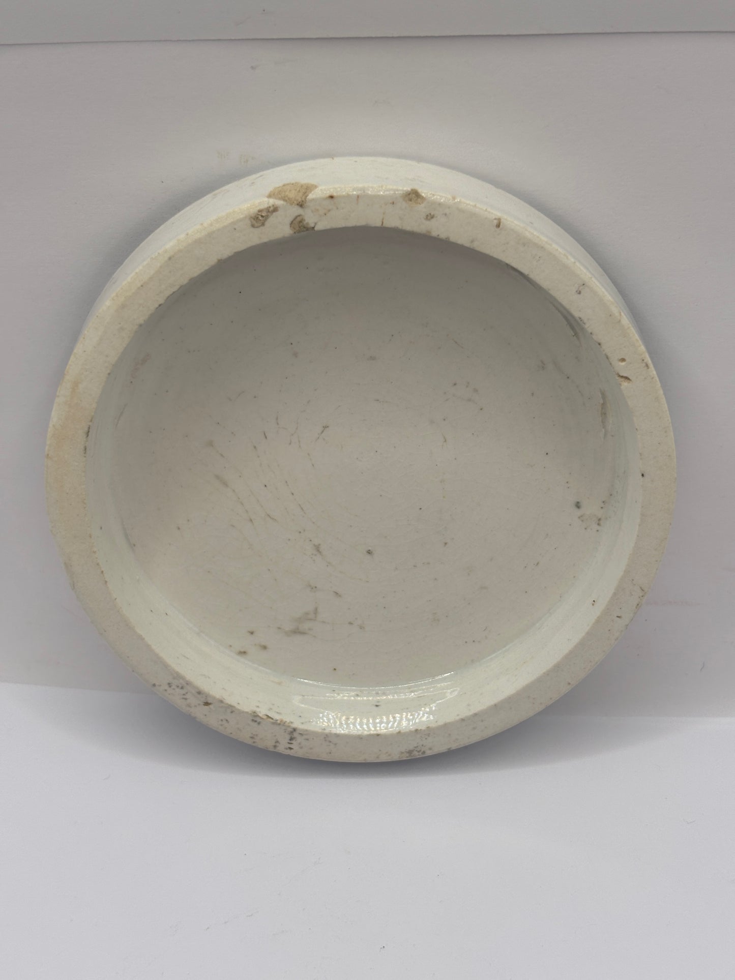 Old early advertising lid, large Burgess anchovy paste. Repaired
