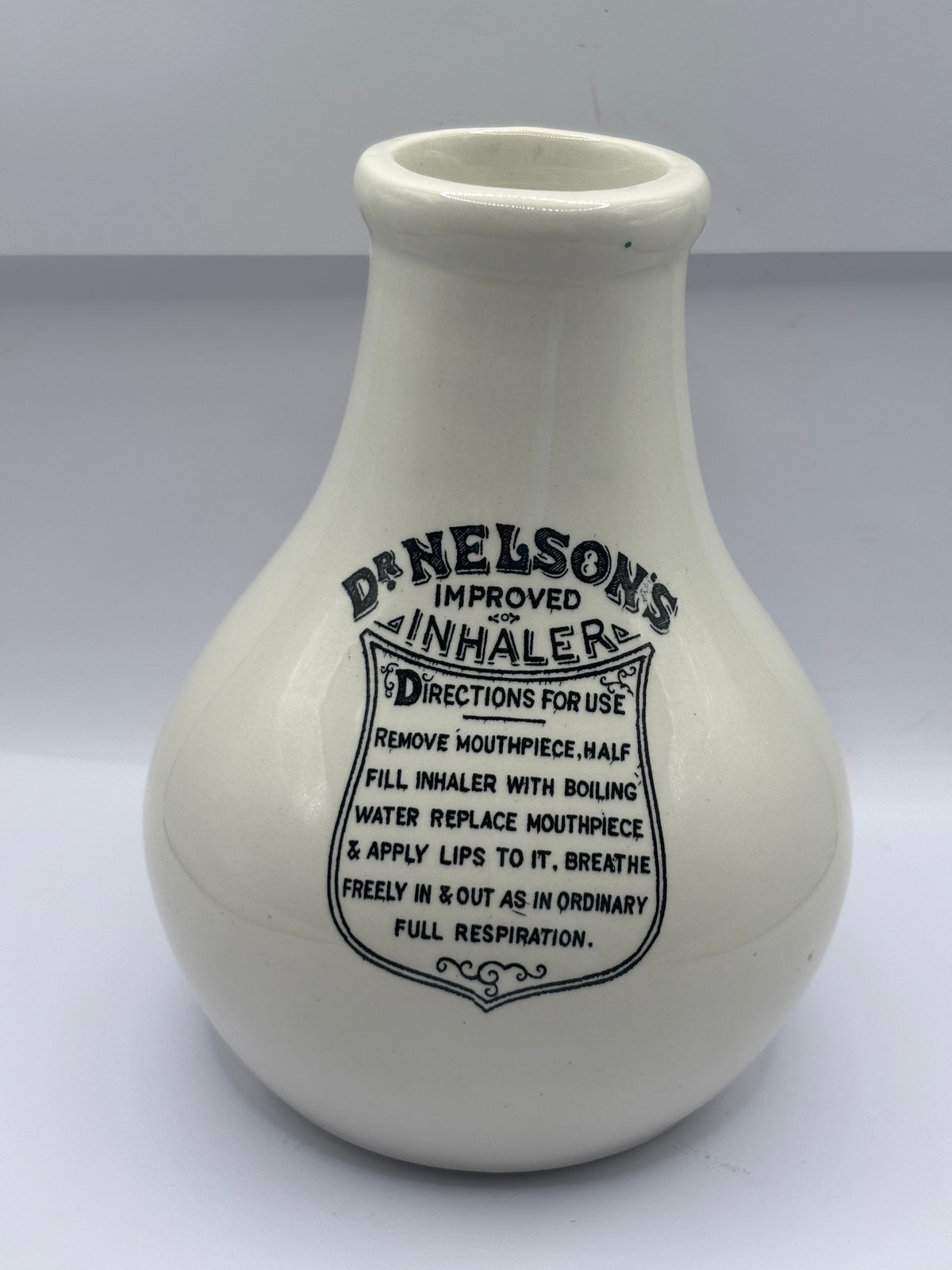 Old stoneware advertising inhaler, Dr Nelsons improved inhaler