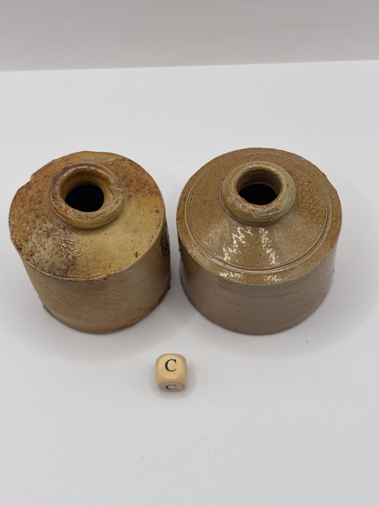 2 brown stoneware inkwells, ink bottles (c) pork pie inks