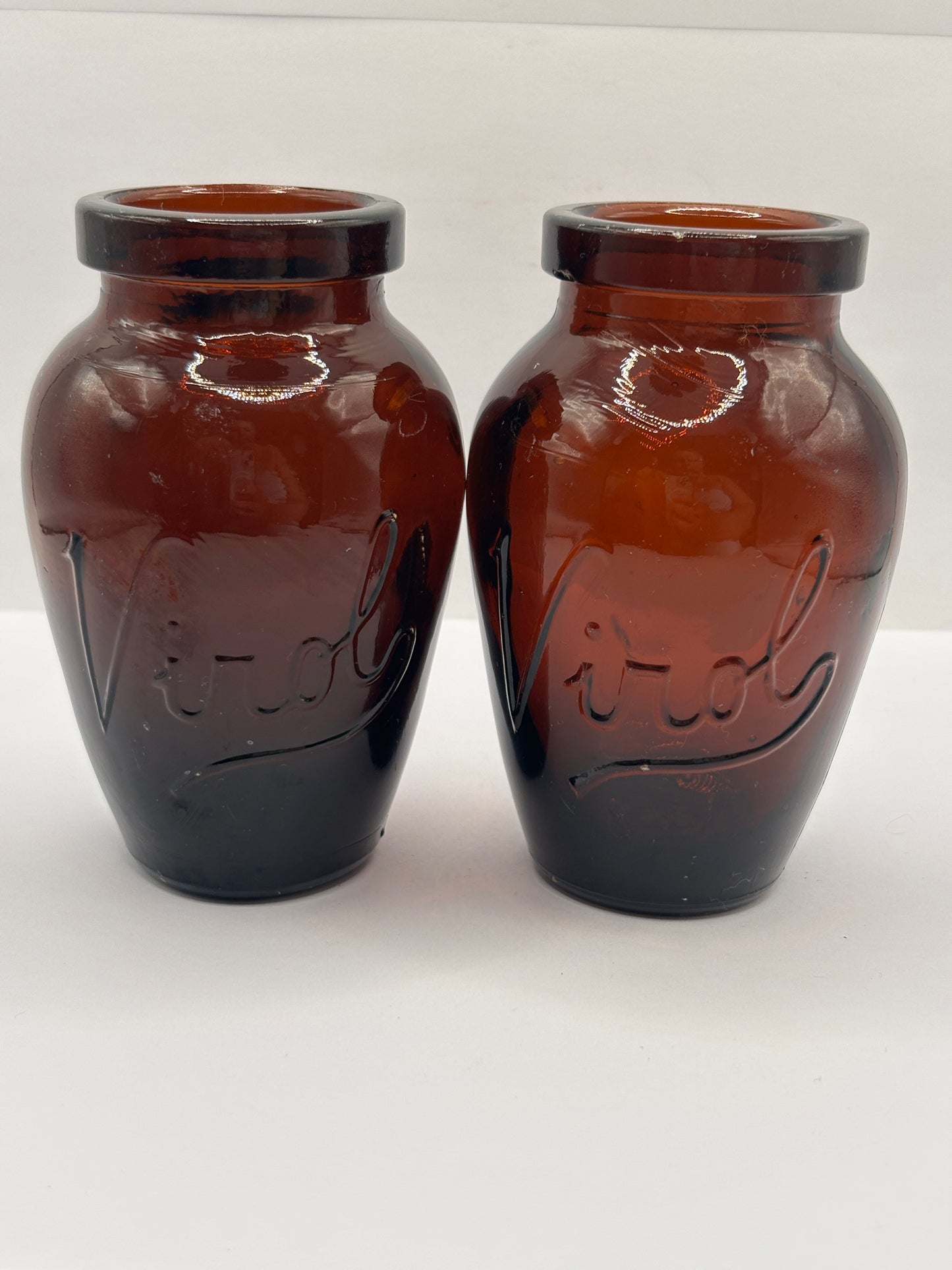2 Old amber glass Virol jars