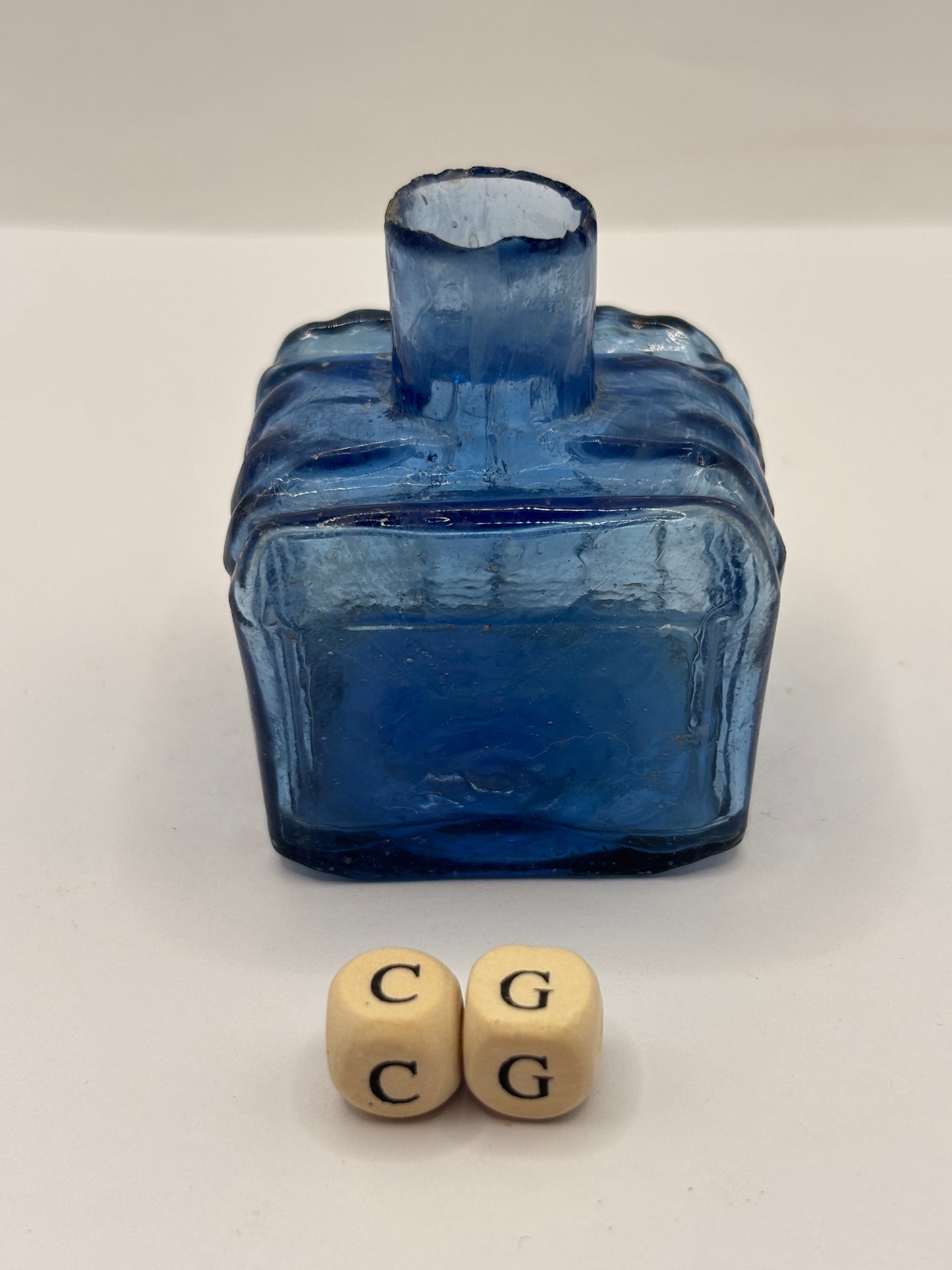 Old blue glass ink bottle, inkwell, penny ink (CG)