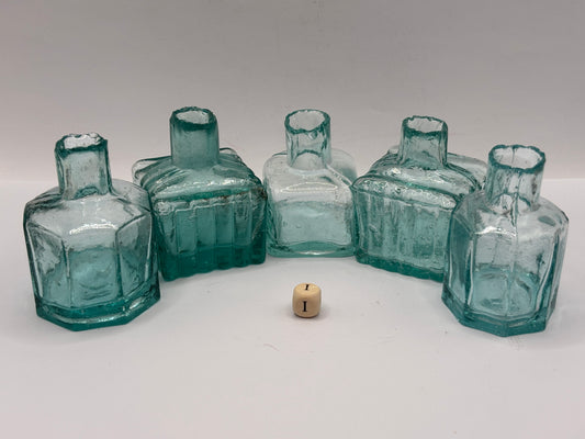5 old aqua glass inks, inkwells, ink bottles, penny ink (i)