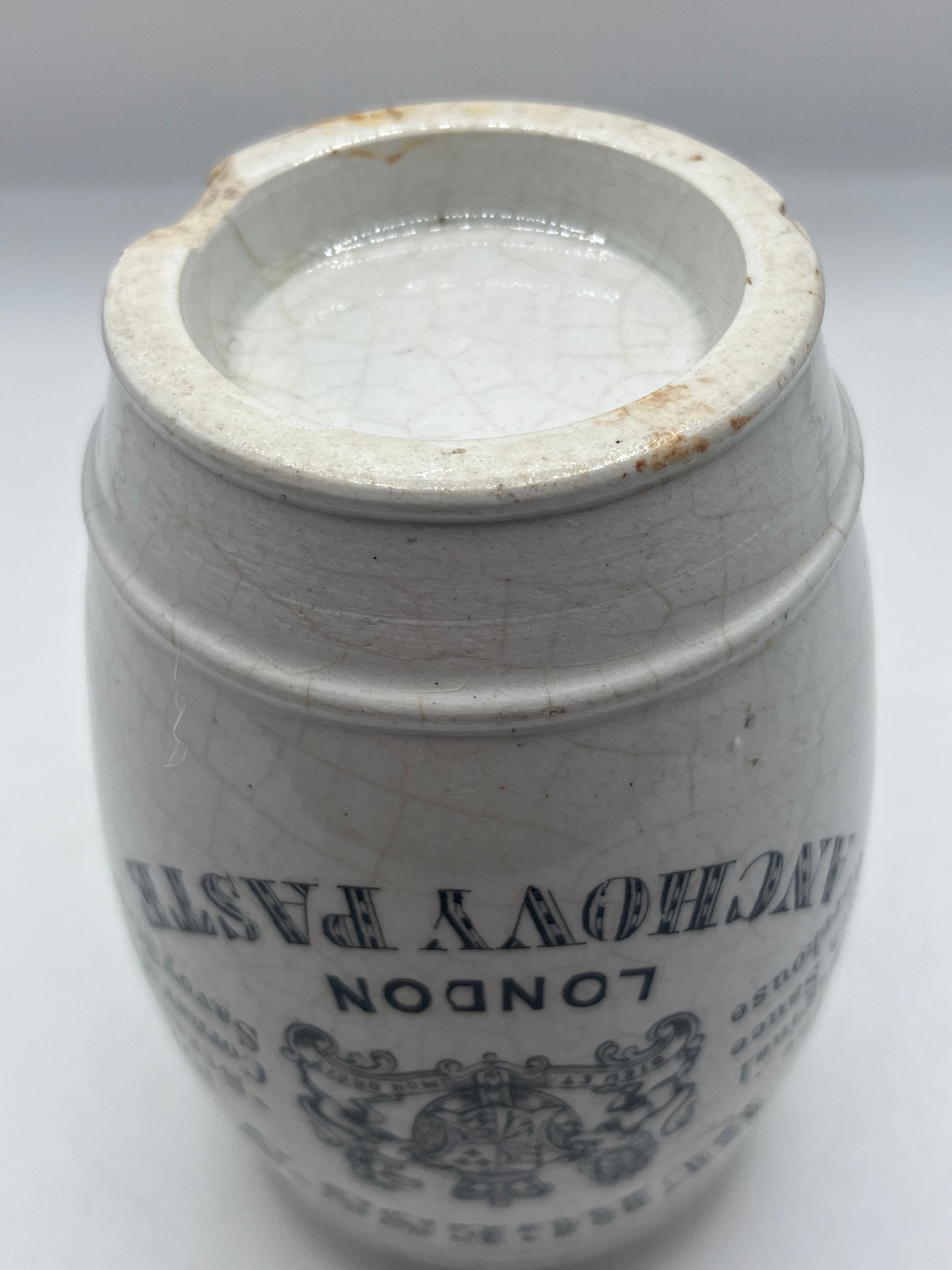 Burgess’s anchovy paste advertising pot, Damaged