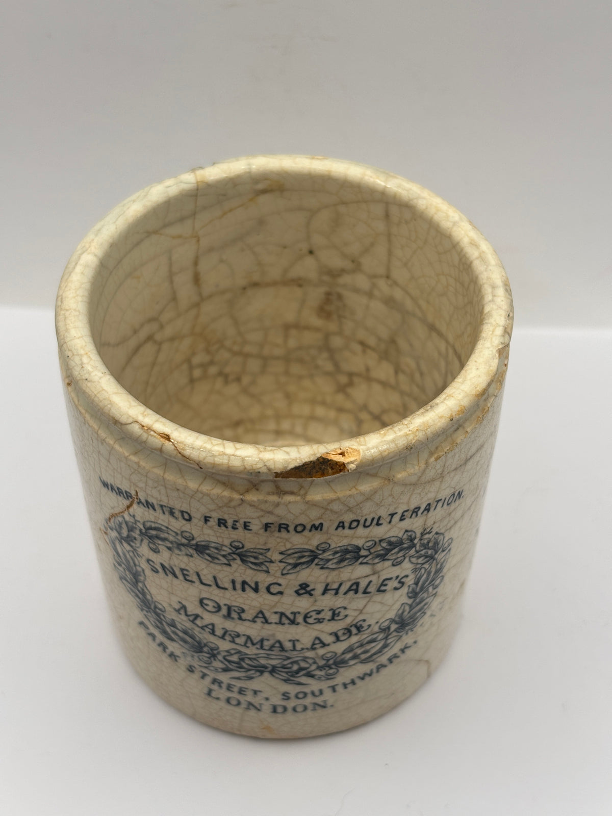 Rare old stoneware marmalade pot, Snelling & Hales orange marmalade. Damaged