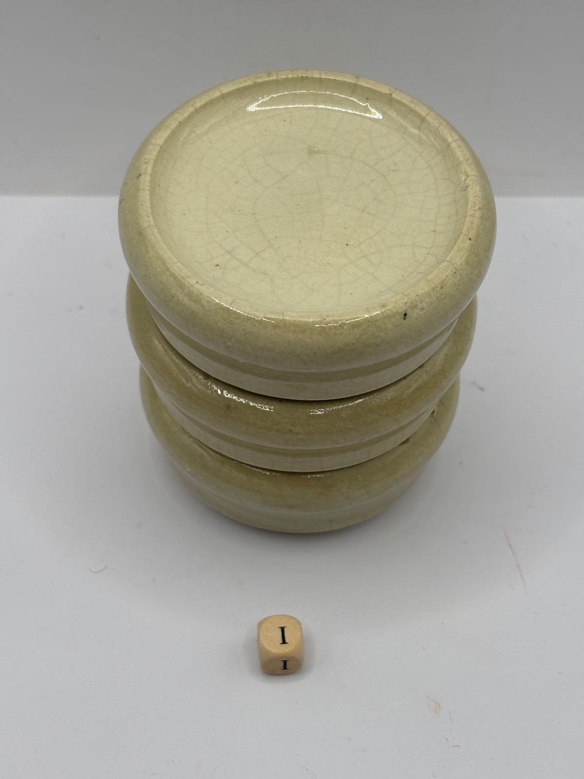 3 old stoneware pot lid bases, stackers (i)