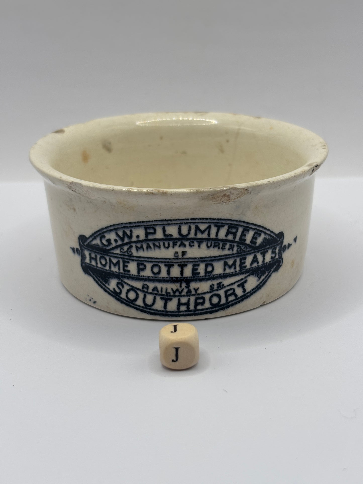 Old advertising meat paste pot, plumtrees (J) damaged
