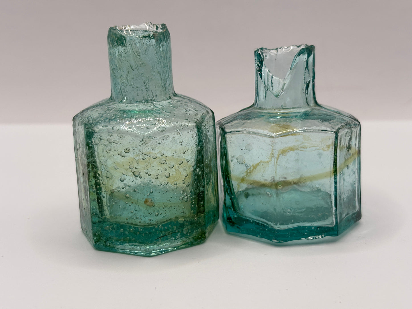 2 old swirly glass ink bottles, inkwells, penny ink
