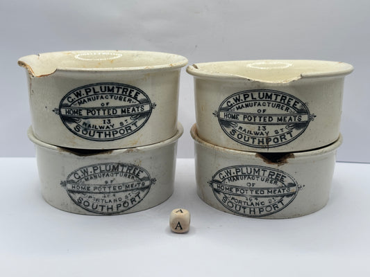 4 old advertising meat paste pots (a) damaged