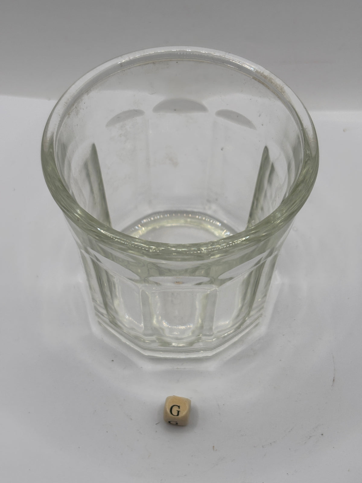 Old clear glass French jam jar (G)