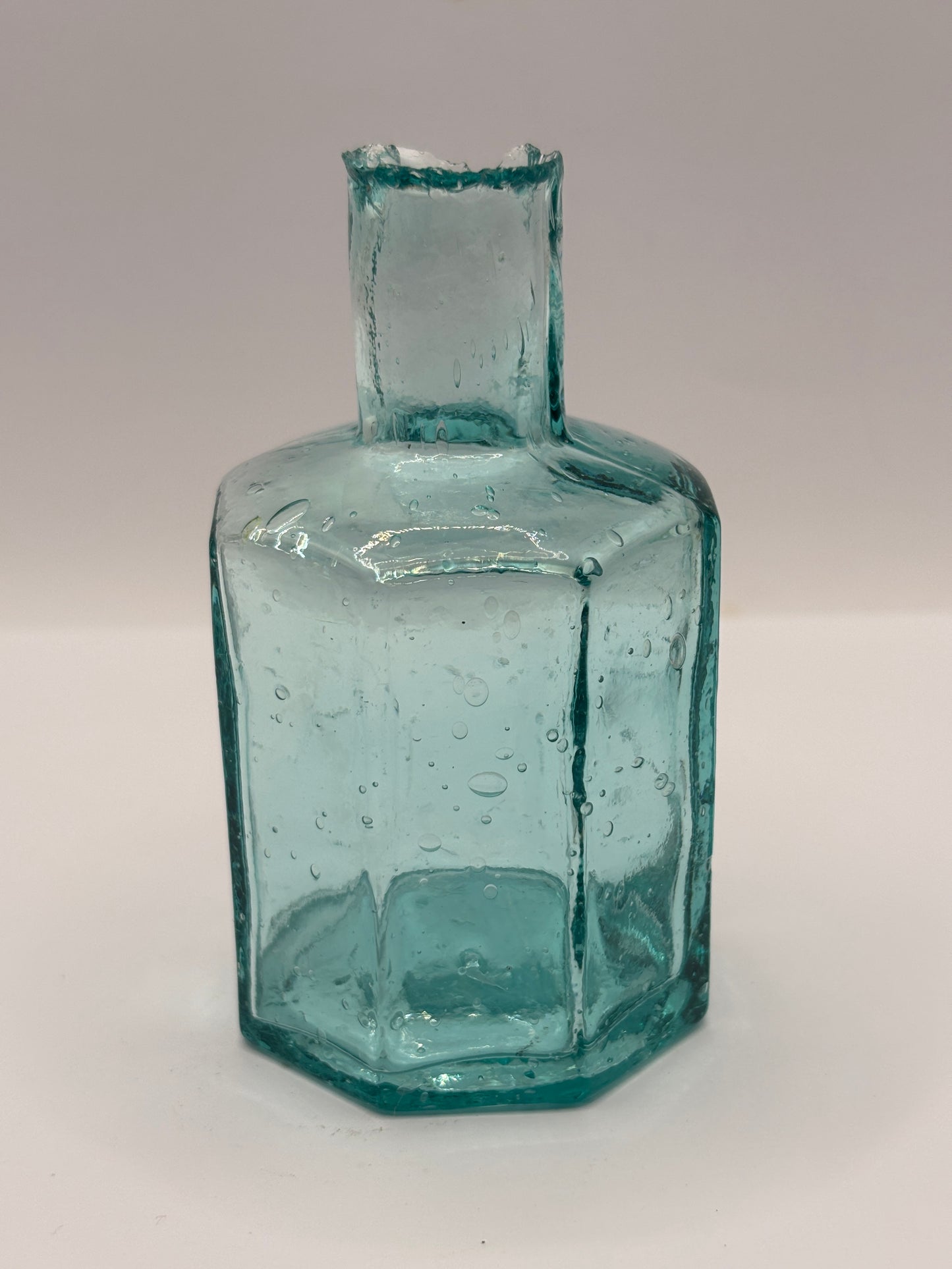 Old large aqua glass inkwell, ink bottle, penny ink