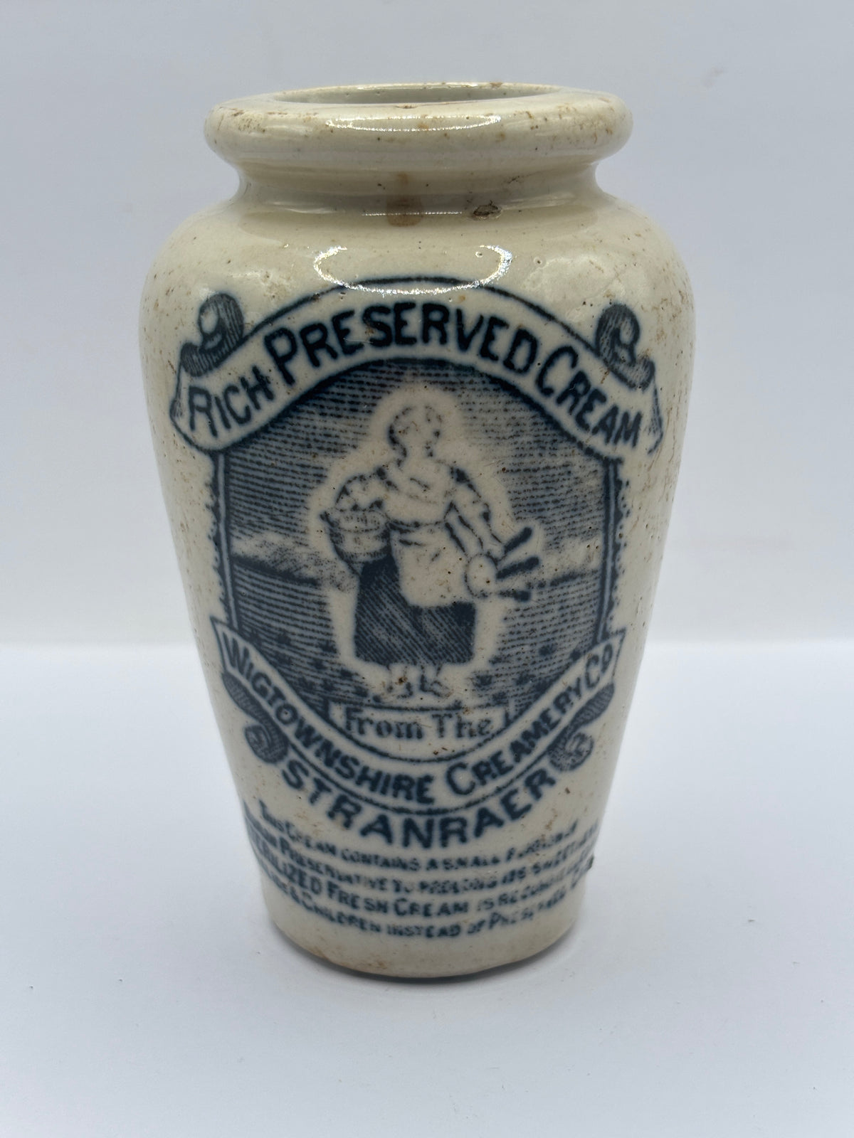 Old advertising cream pot, rich preserved cream stranraer, milkmaid