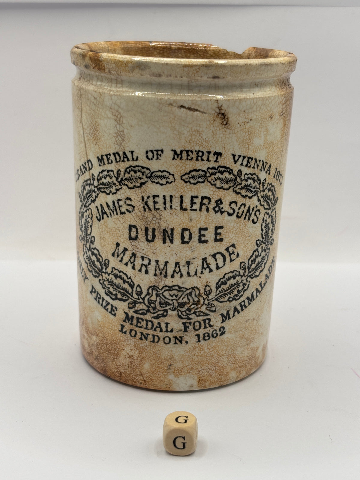 Old 1lb stoneware marmalade pot, James Keiller Dundee marmalade (G)