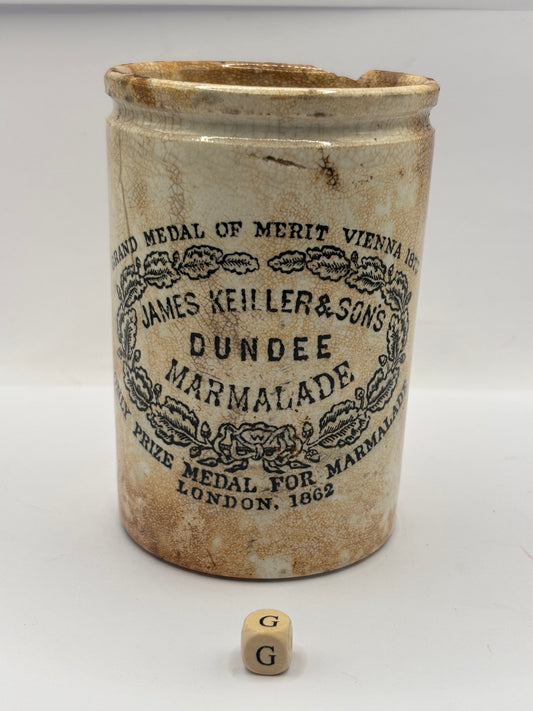 Old 1lb stoneware marmalade pot, James Keiller Dundee marmalade (G)