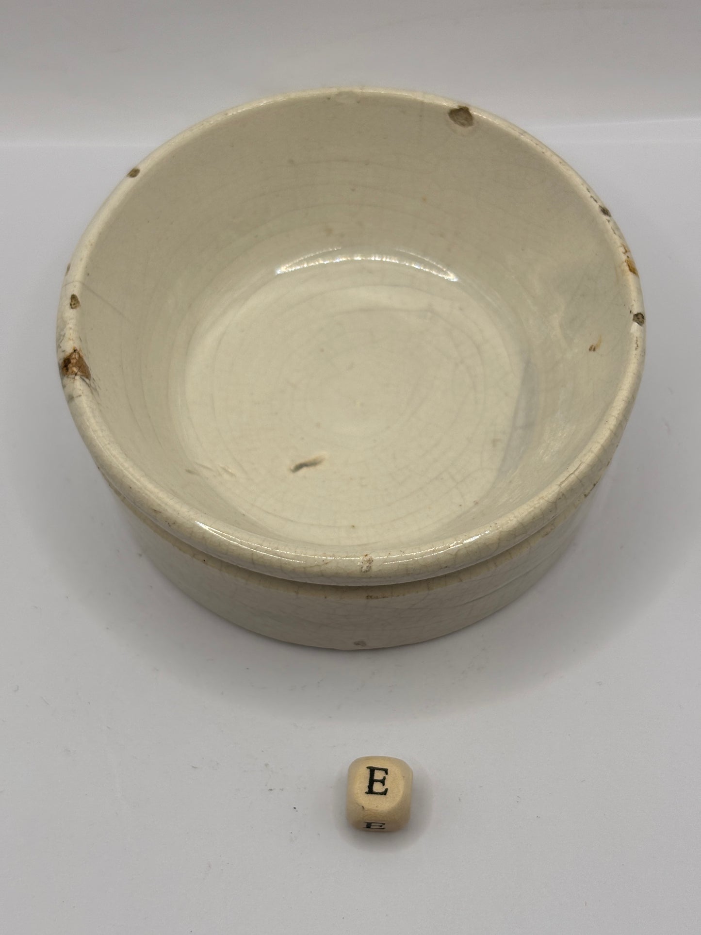 Old plain stoneware meat paste pot (e) stained & crazed, chipped