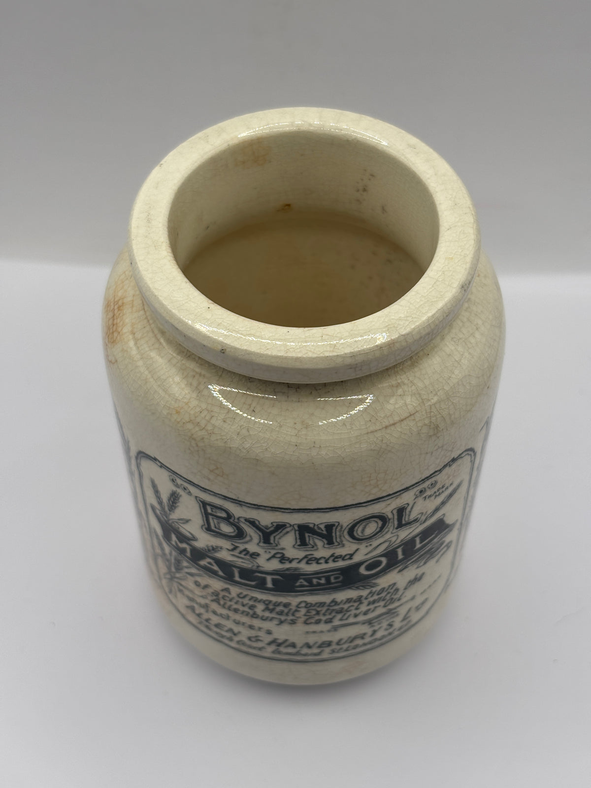 Old advertising jar, Bynol the perfected malt & oil