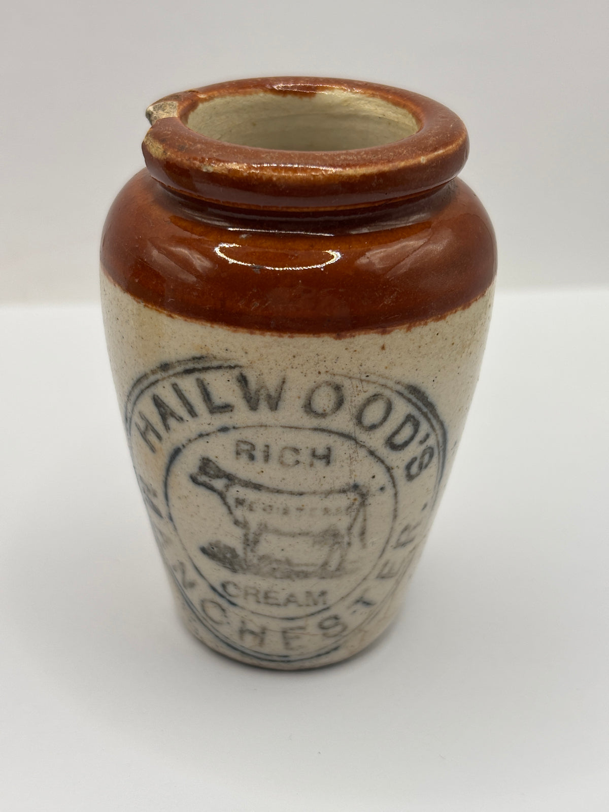 Old advertising cream pot, Hailwoods rich cream. Damaged