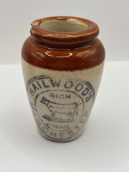 Old advertising cream pot, Hailwoods rich cream. Damaged