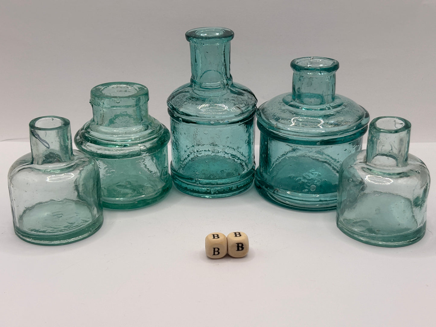 5 old aqua glass inks, inkwells, ink bottles (BB)