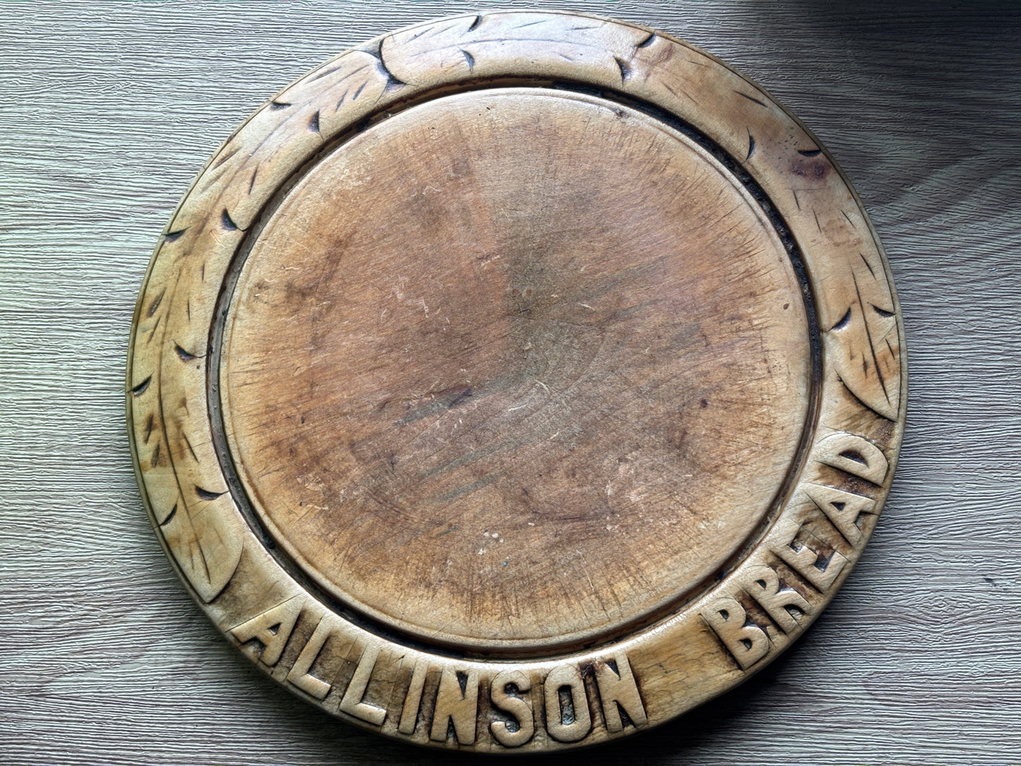 Antique carved bread board, Allinson bread
