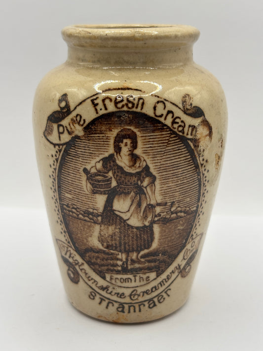 Old stoneware advertising cream pot, pure fresh cream Stranraer. Serpia print