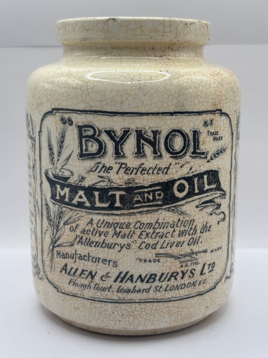 Old advertising jar, Bynol the perfected malt & oil