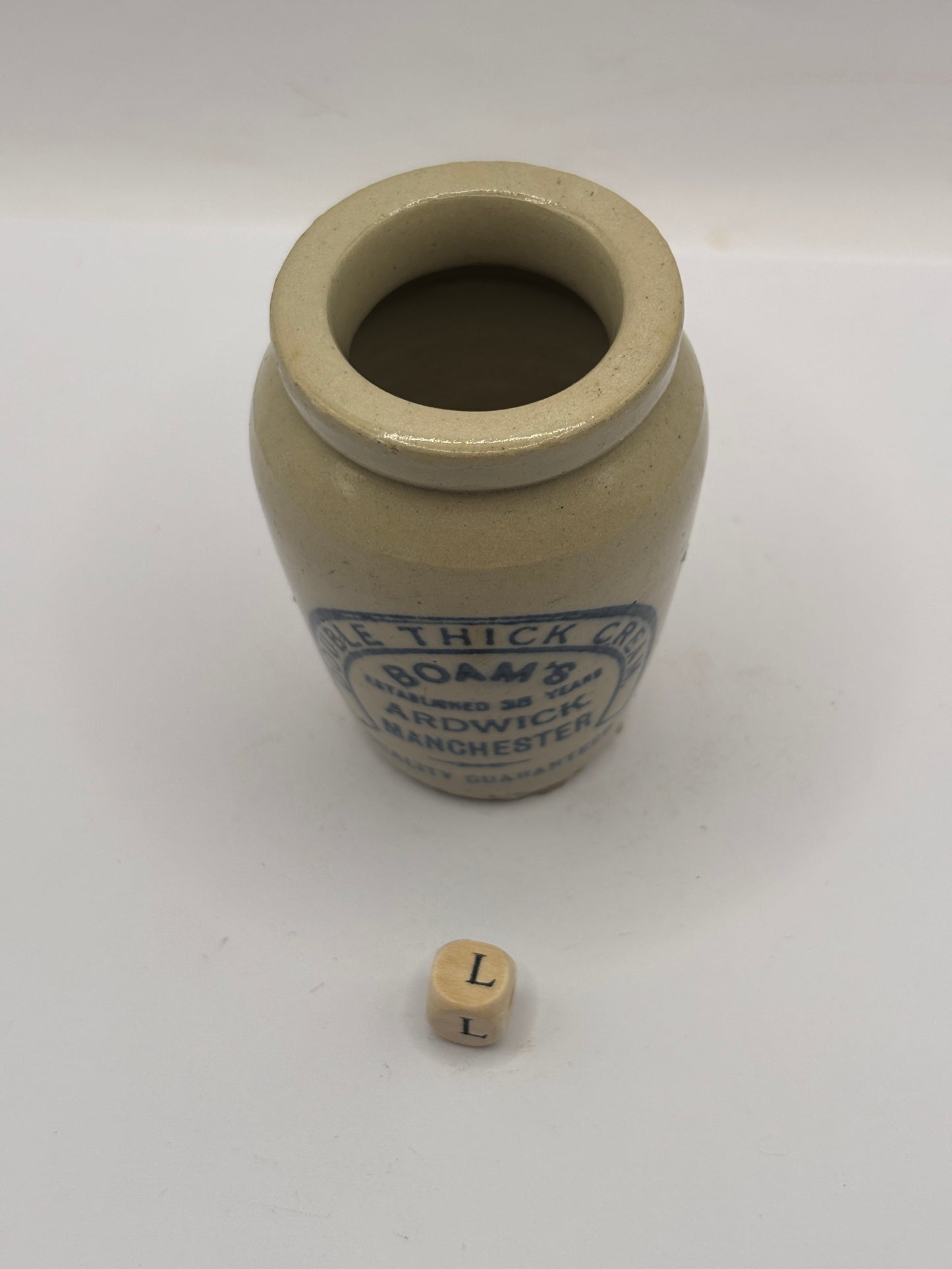 Old advertising cream pot, Boams double thick cream Manchester (L)