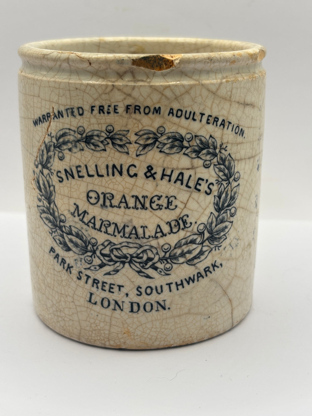 Rare old stoneware marmalade pot, Snelling & Hales orange marmalade. Damaged