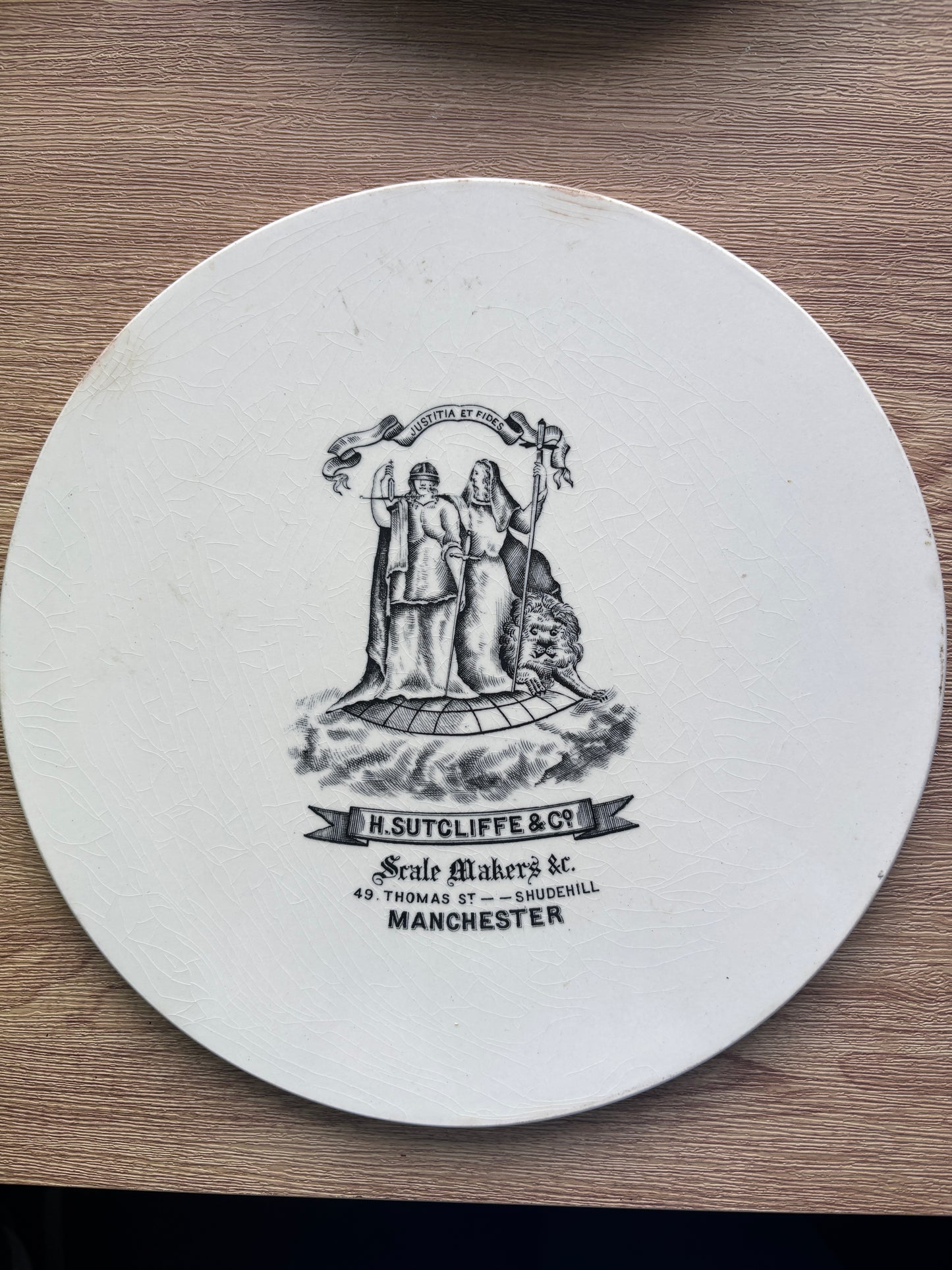 Old ironstone advertising scale plate. Sutcliffe & co scale makers manchester