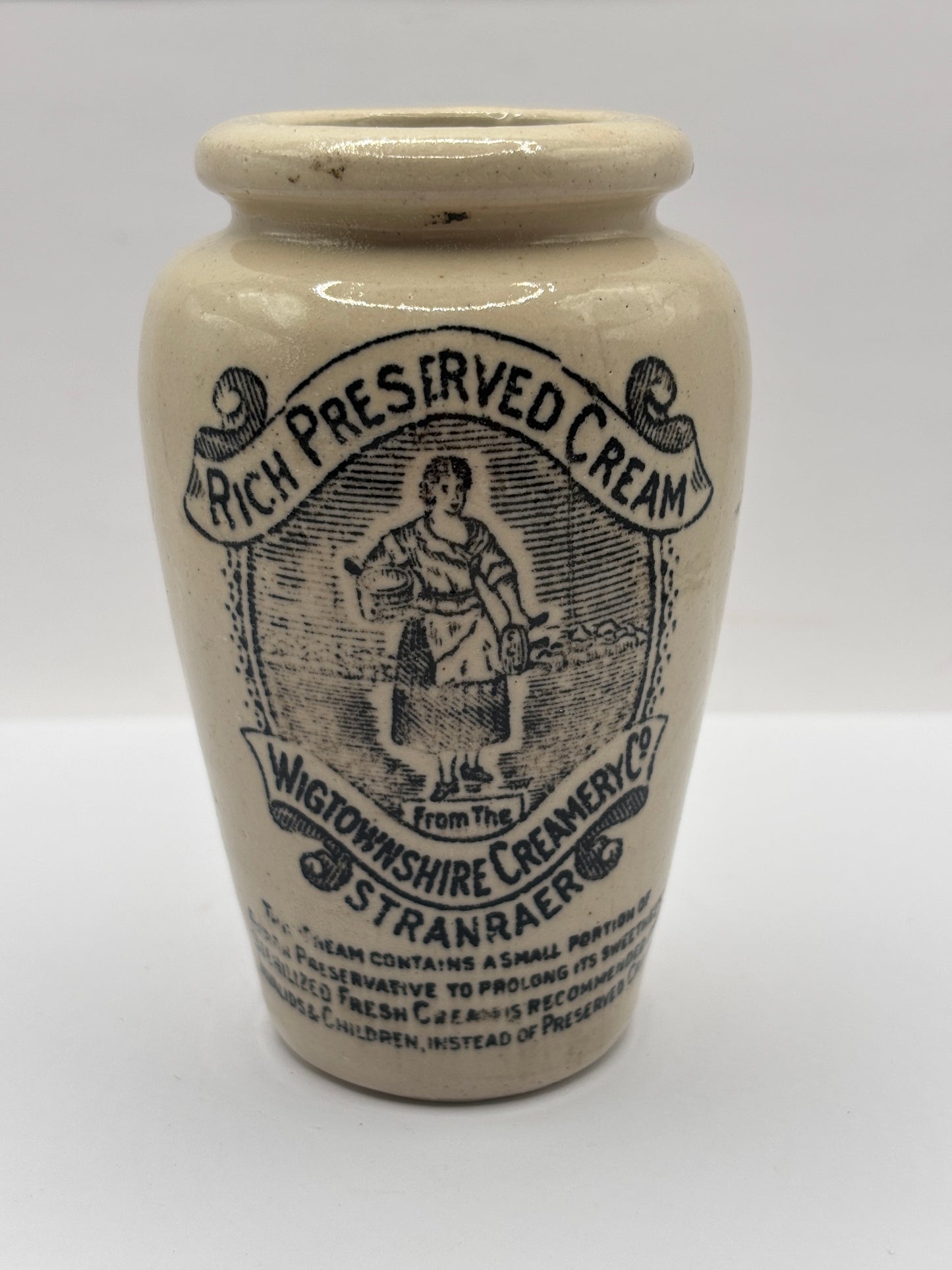 Old advertising cream pot, Rich preserved cream, Stranraer. Milk maid.