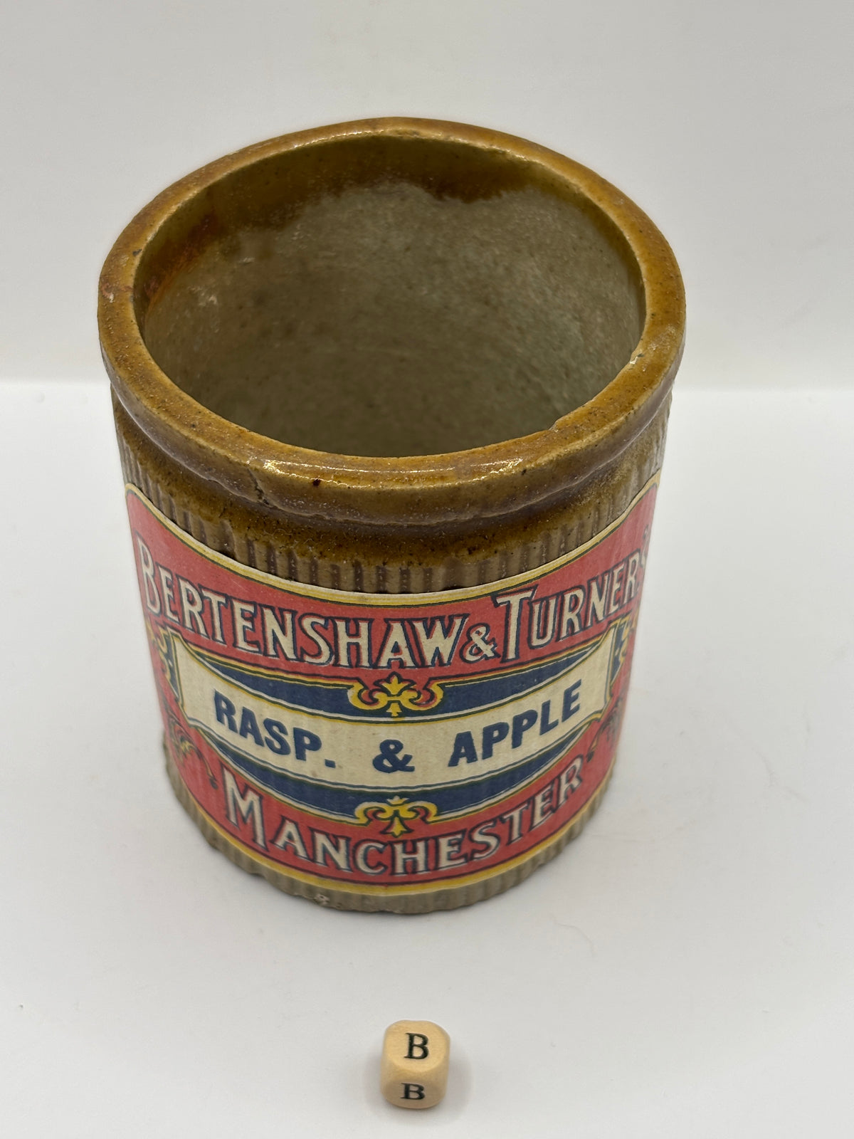 Old 1lb ribbed stoneware jam pot with added label (B)
