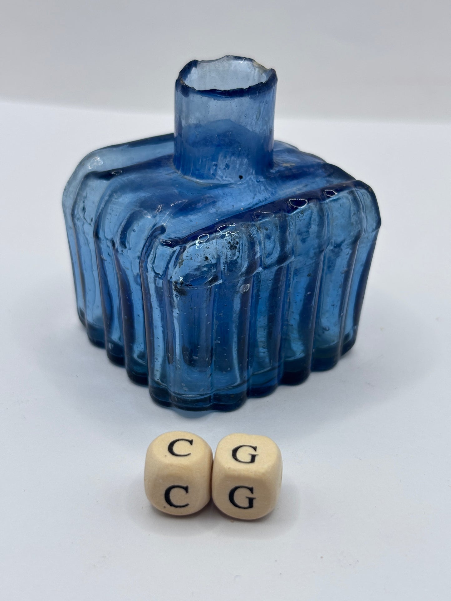 Old blue glass ink bottle, inkwell, penny ink (CG)