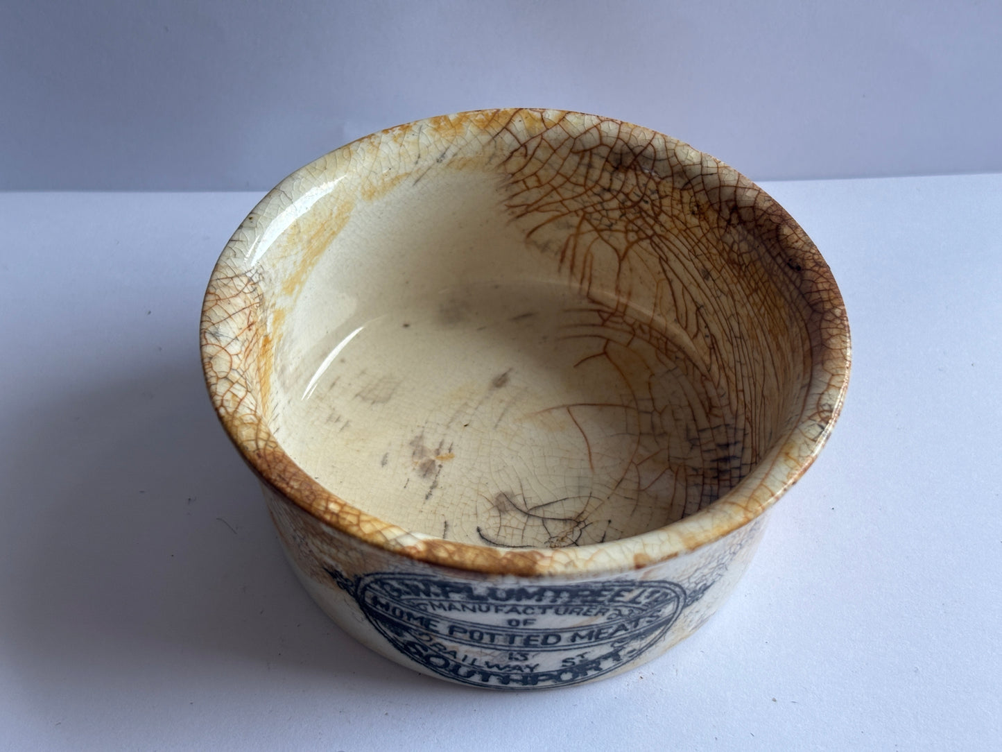 Old stained & crazed plumtree meat paste pot