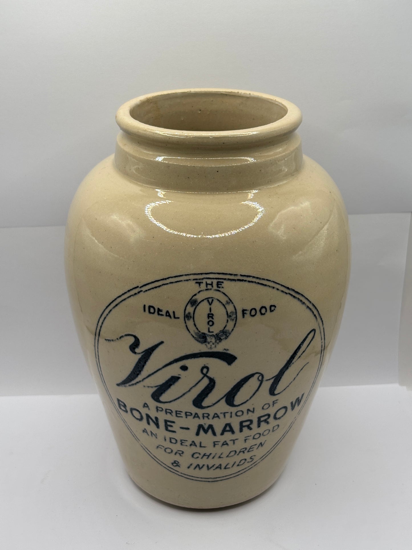 Old large 9 inch stoneware advertising Virol jar