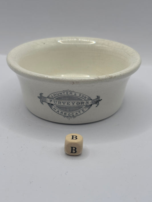 Old advertising meat paste pot, J.Hunter & son Purveyors Harrogate (B)