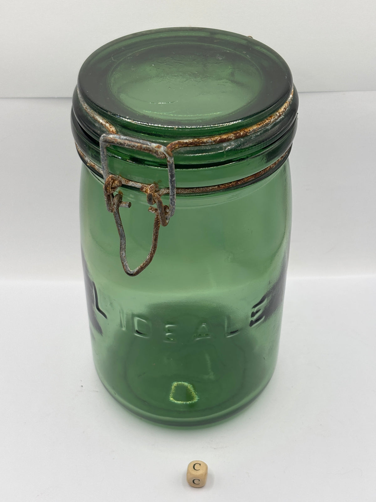 Old French green glass canning jar, L’ideal (c)
