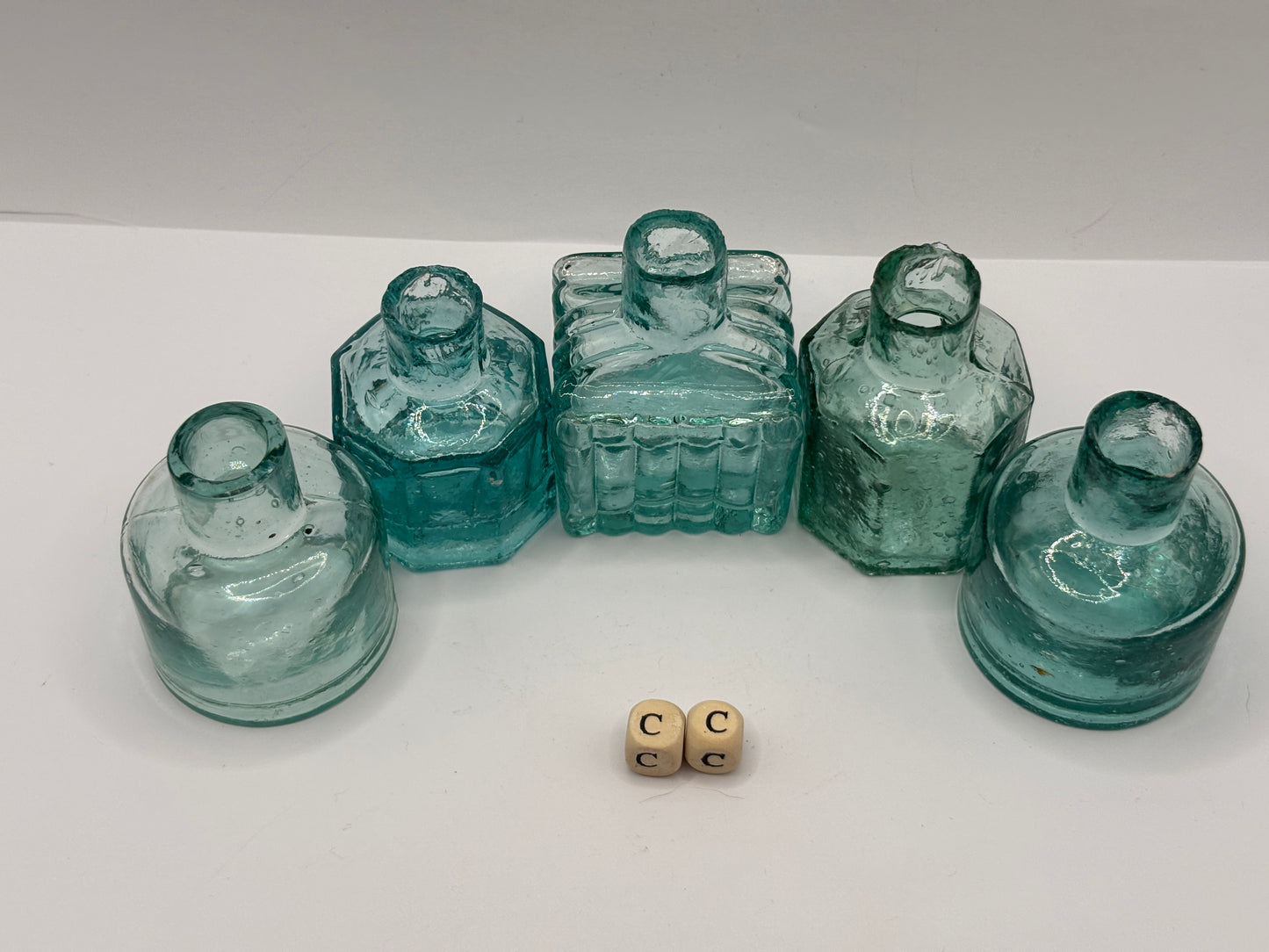 5 old aqua glass inks, inkwells, ink bottles (CC)