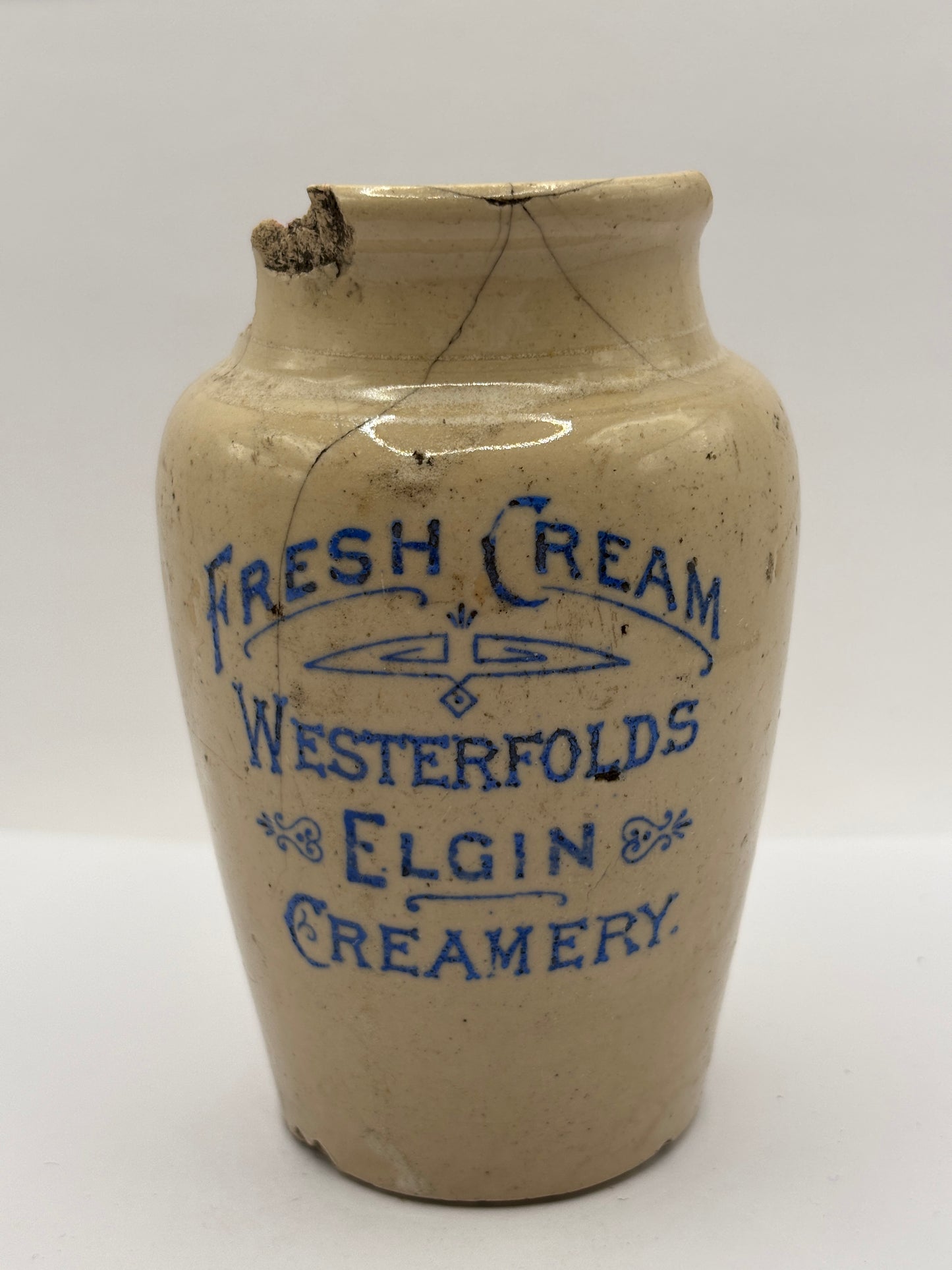 Old rare advertising cream pot, Fresh cream Westerfolds Elgin creamery. Damaged. Repair project?