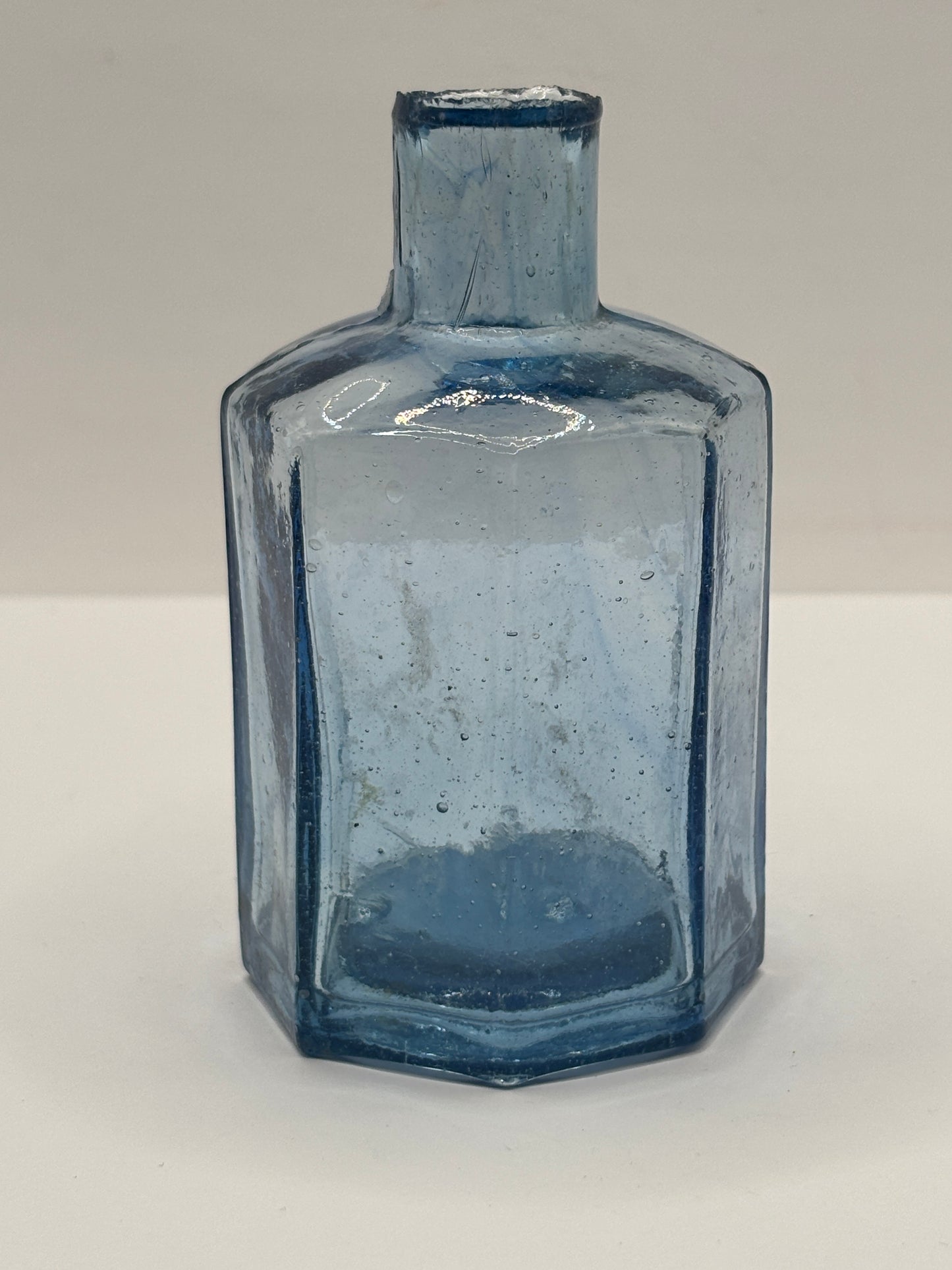 Old large blue glass inkwell, ink bottle, penny ink