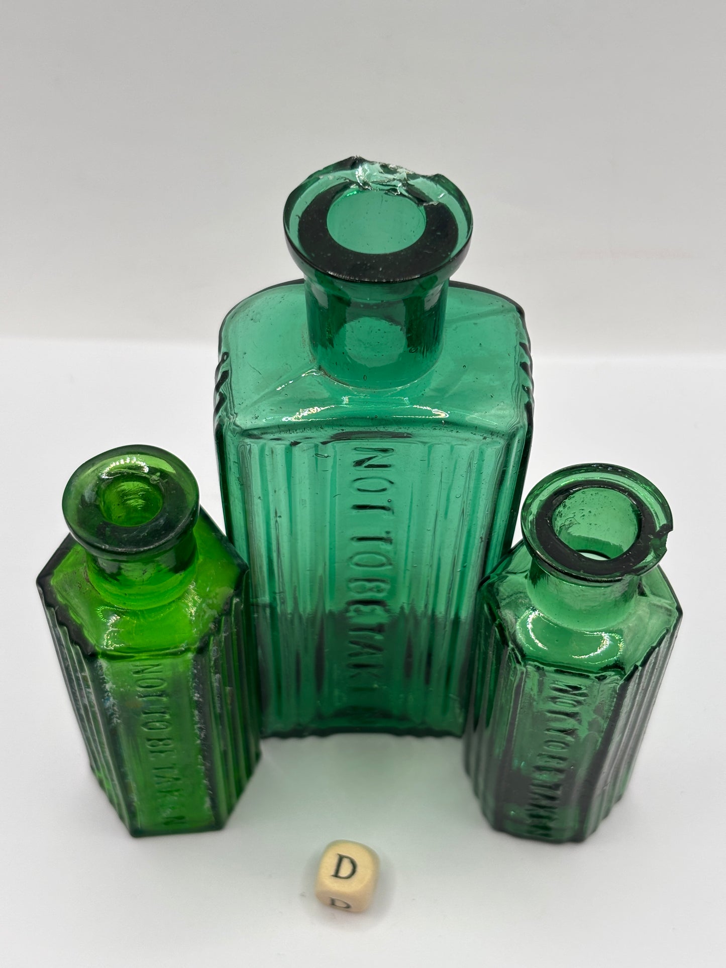 3 old green glass poison bottles, chipped (D)