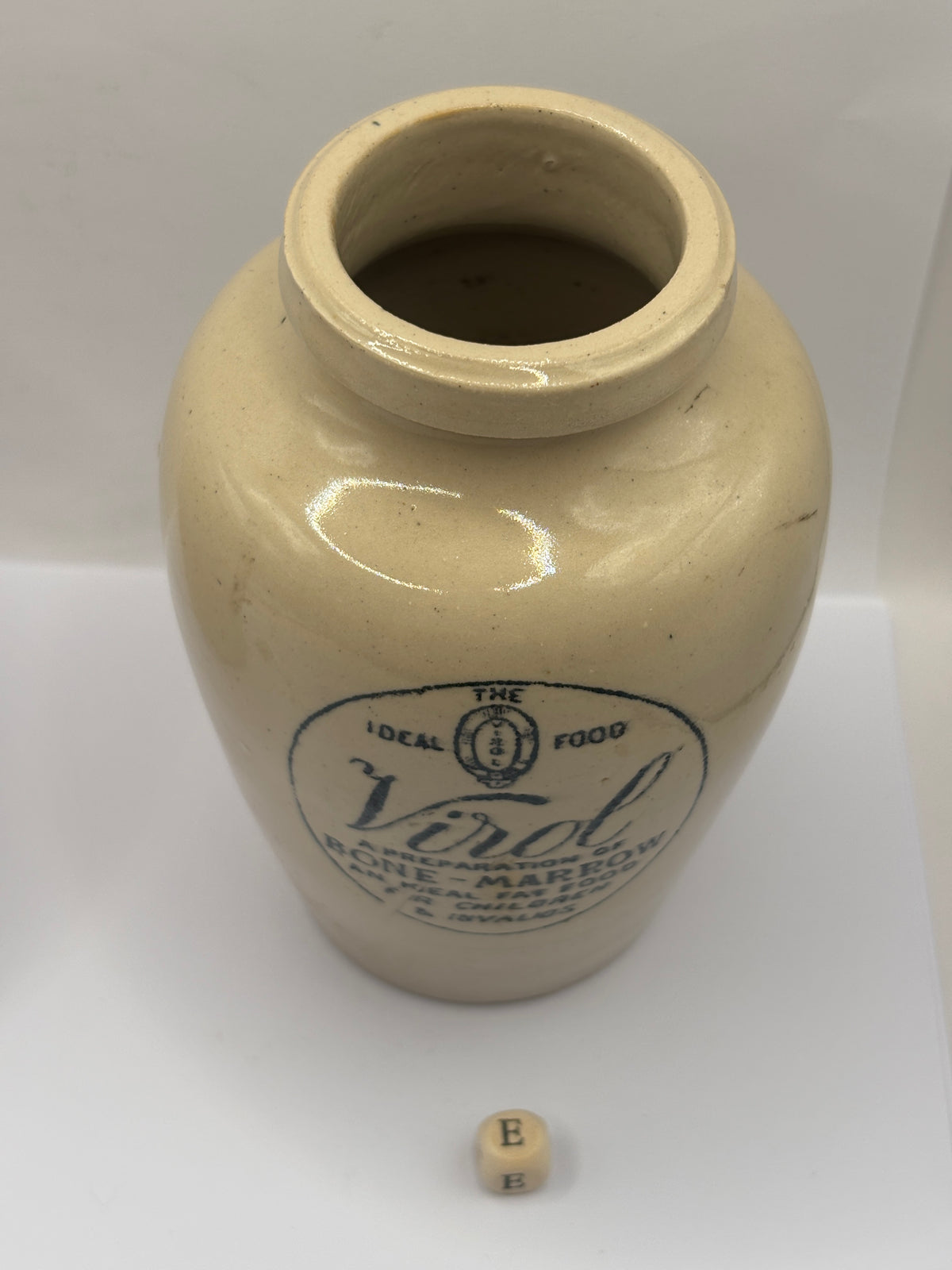 Old advertising stoneware Virol pot, 13.5cms (E)