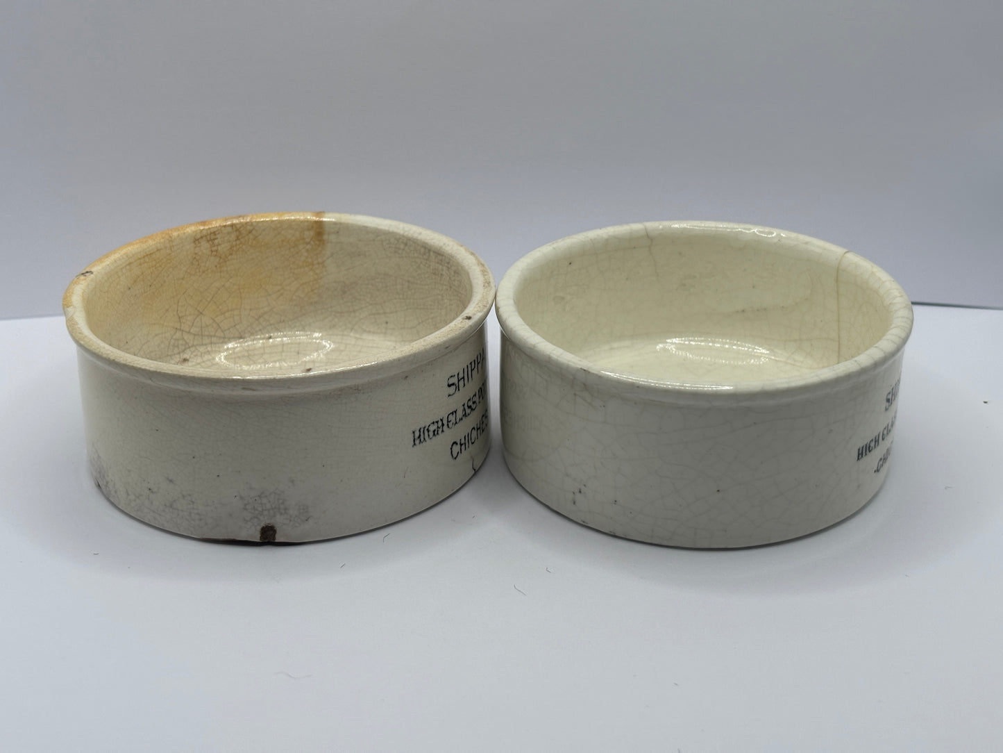 2 old advertising meat paste pots, Shippams