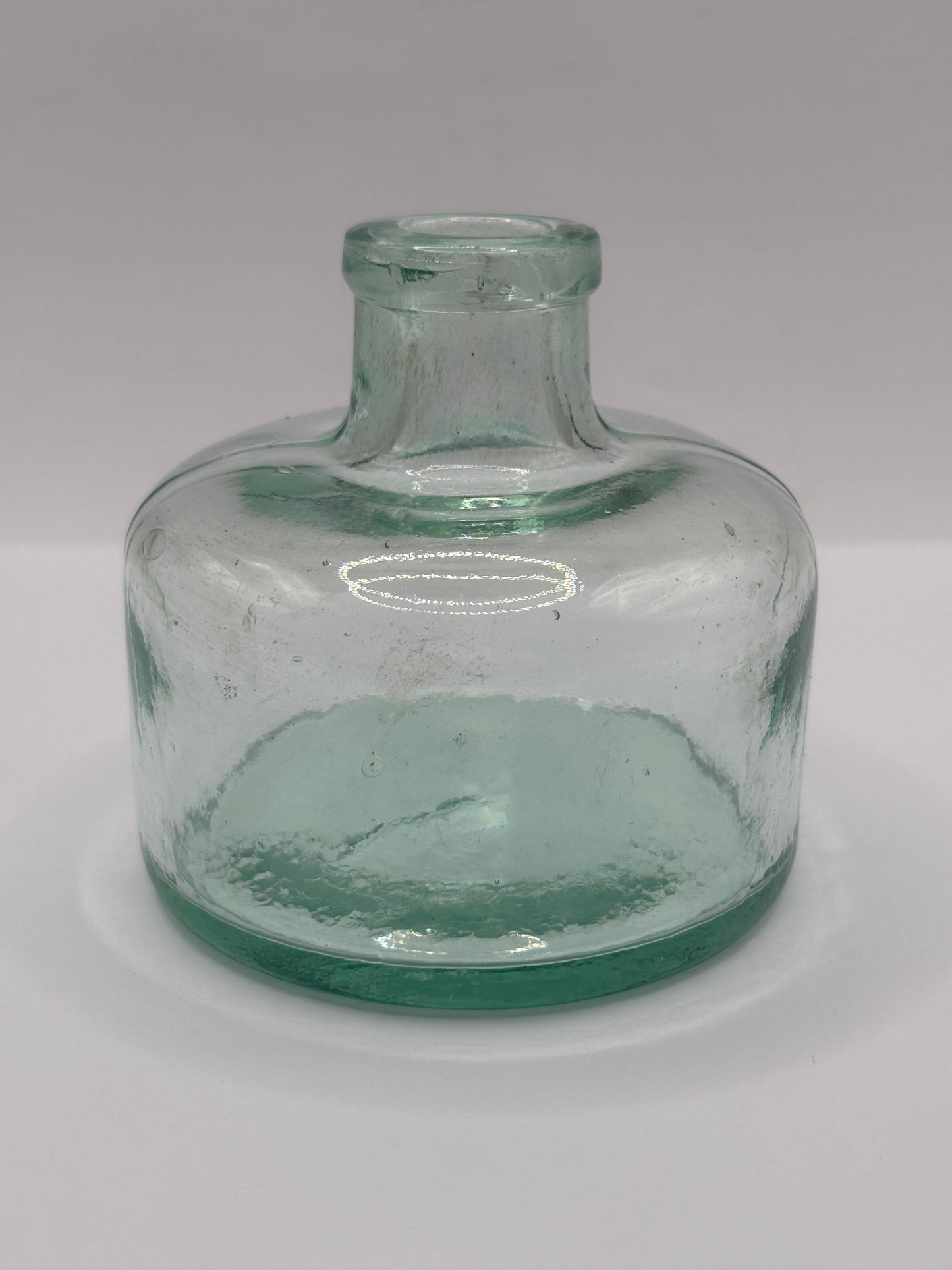 Old aqua glass round inkwell, ink bottle