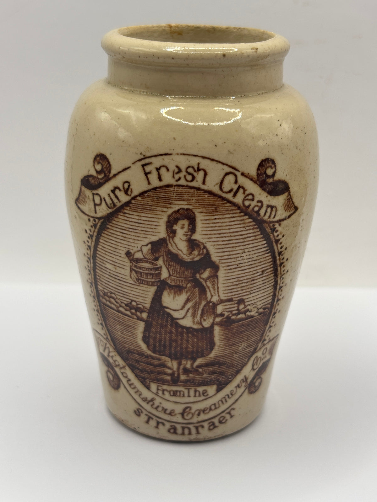 Old advertising cream pot, rich preserved cream stranraer, milkmaid. Serpia print