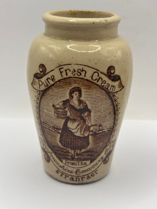 Old advertising cream pot, rich preserved cream stranraer, milkmaid. Serpia print