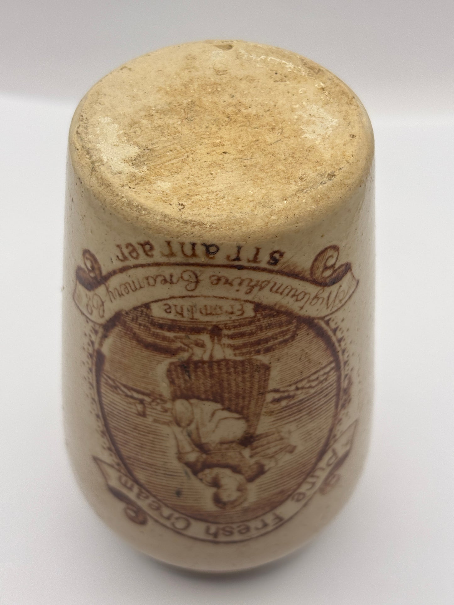 Old stoneware advertising cream pot, pure fresh cream Stranraer. Serpia print. milk maid