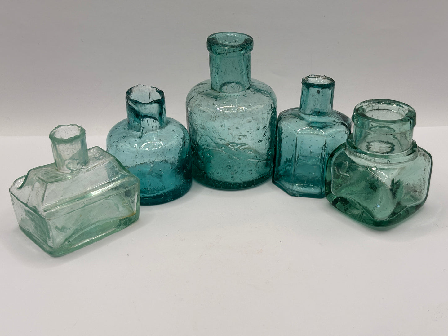 5 old aqua glass inks, inkwells, ink bottles