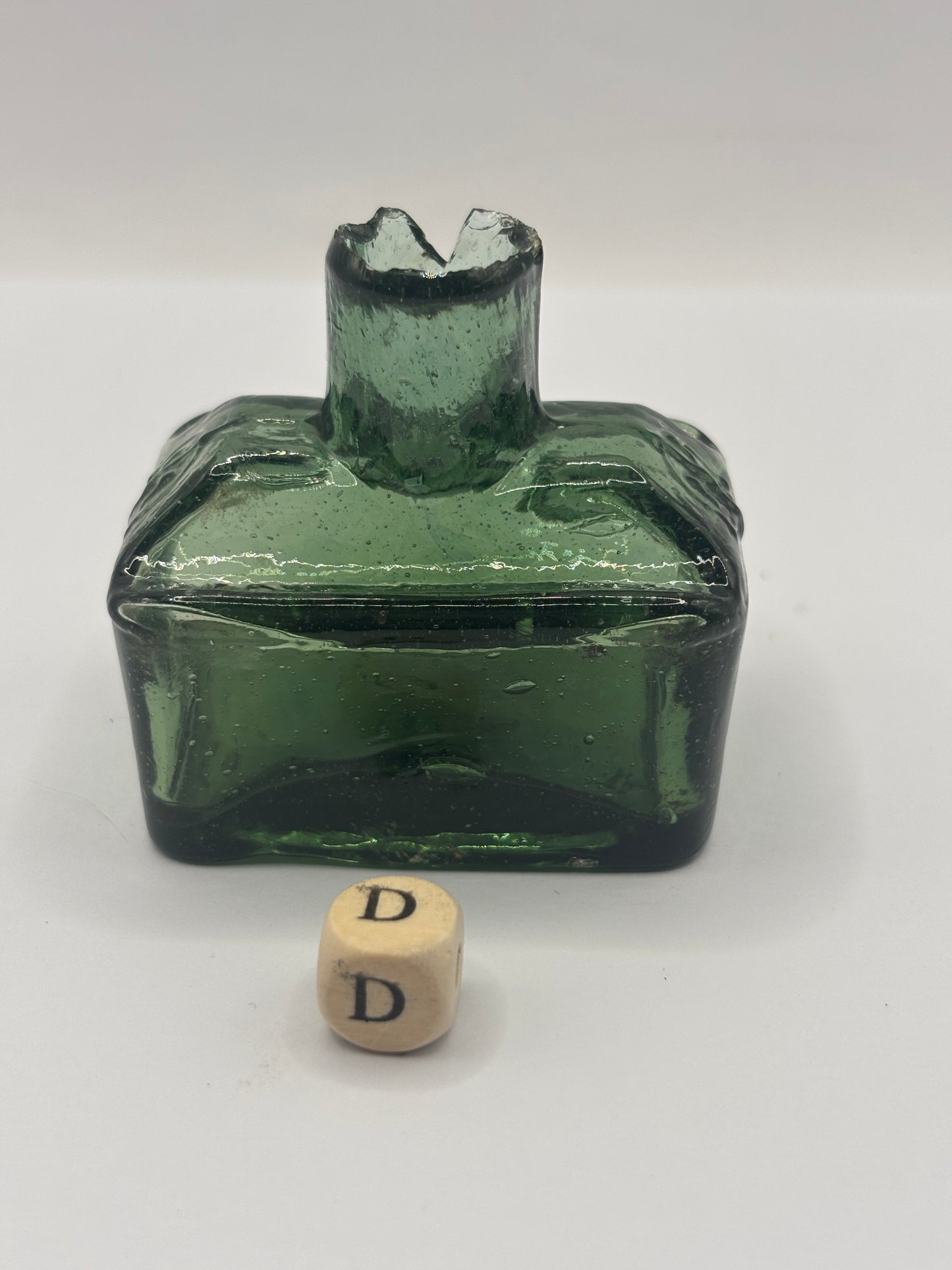 Old green glass boat ink, inkwell. Morrells (D) DAMAGED